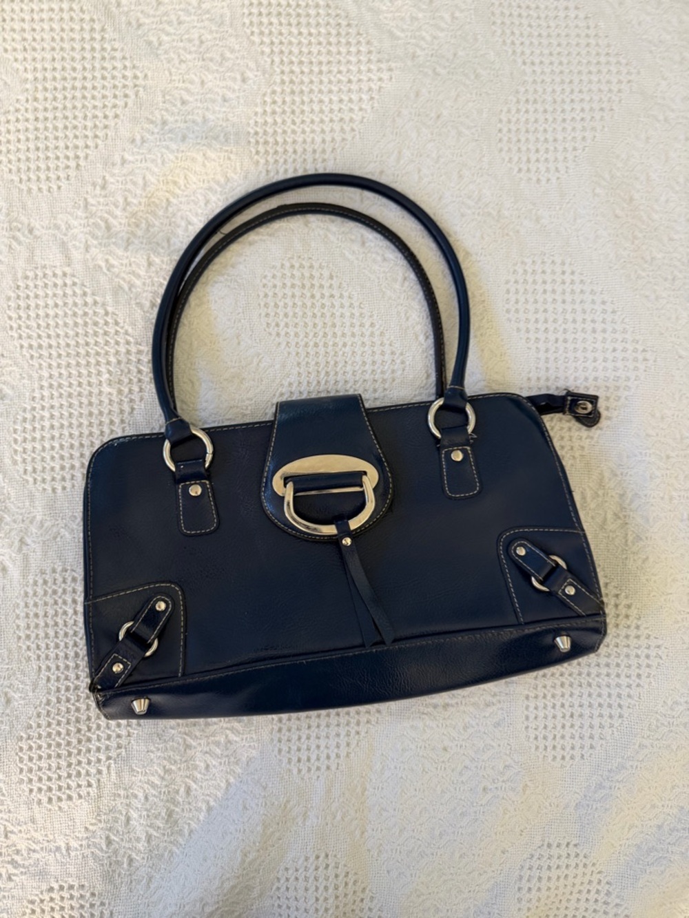 Hillard & Hanson Navy Leather Shoulder Bag with Silver Hardware